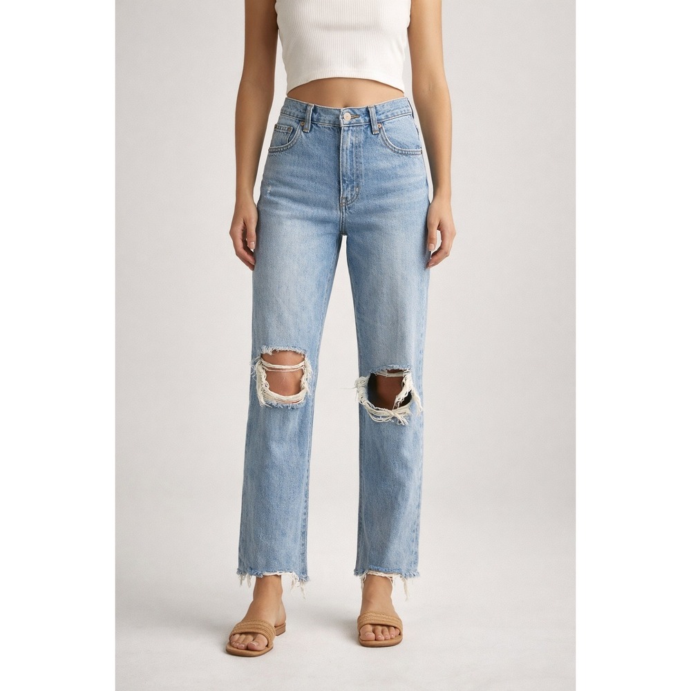 Free People Womens Distressed Straight Leg Jeans Light Wash Knee Raw Hem Size 26